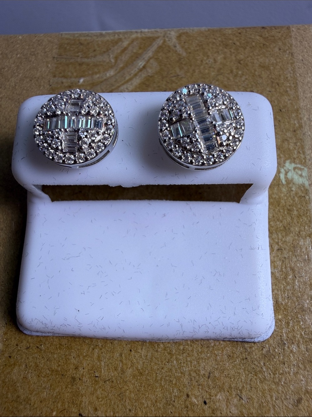 Silver Crystal Round Cross Stud Earrings - White
